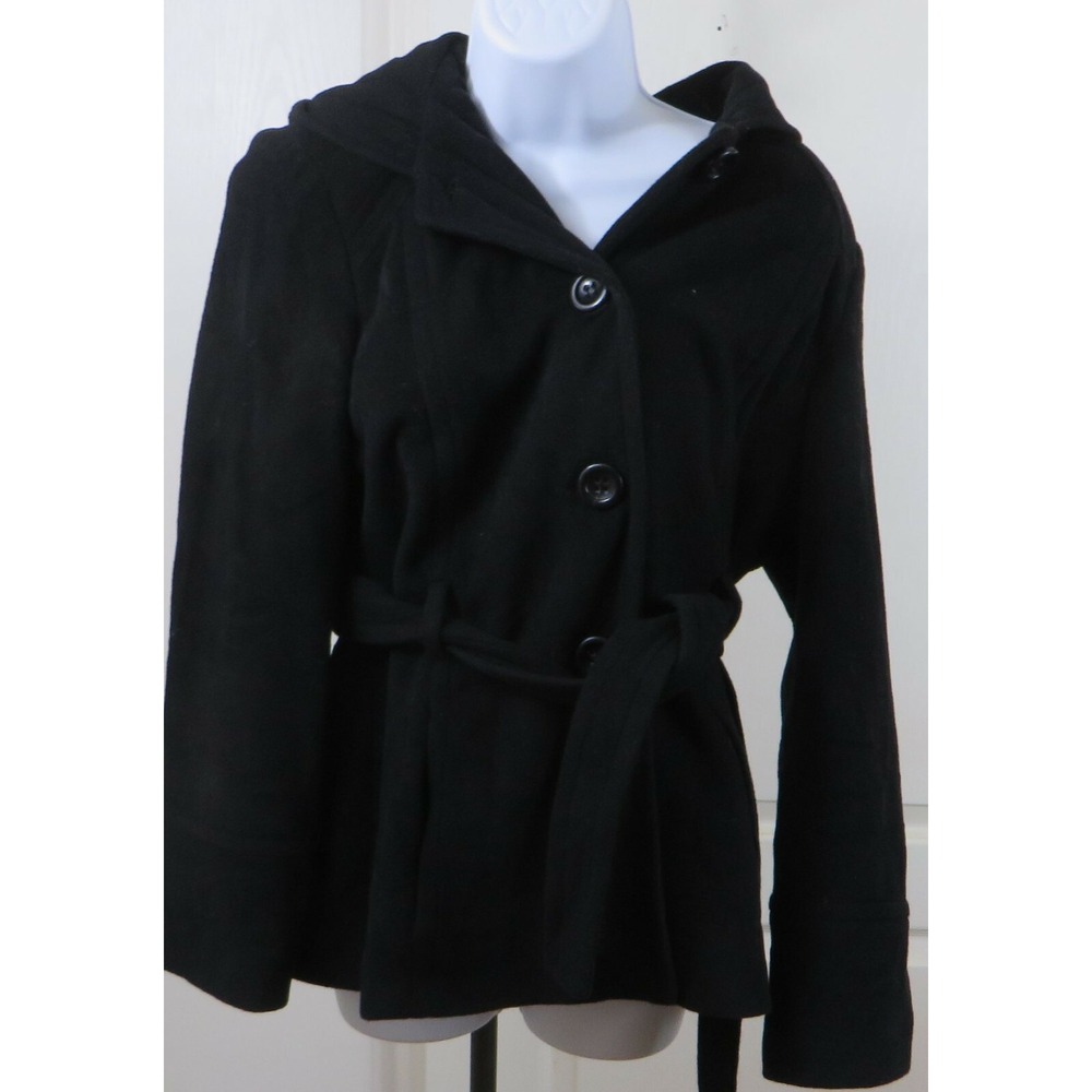 Womans Jason Kole Belted Wool Blend Black Coat Hooded Lined Double Breasted L